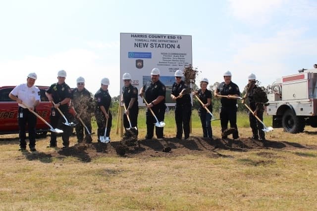 Members of the Tomball Fire Department break ground on Station No. 4 on June 27. (Anna Lotz/Community Impact Newspaper)