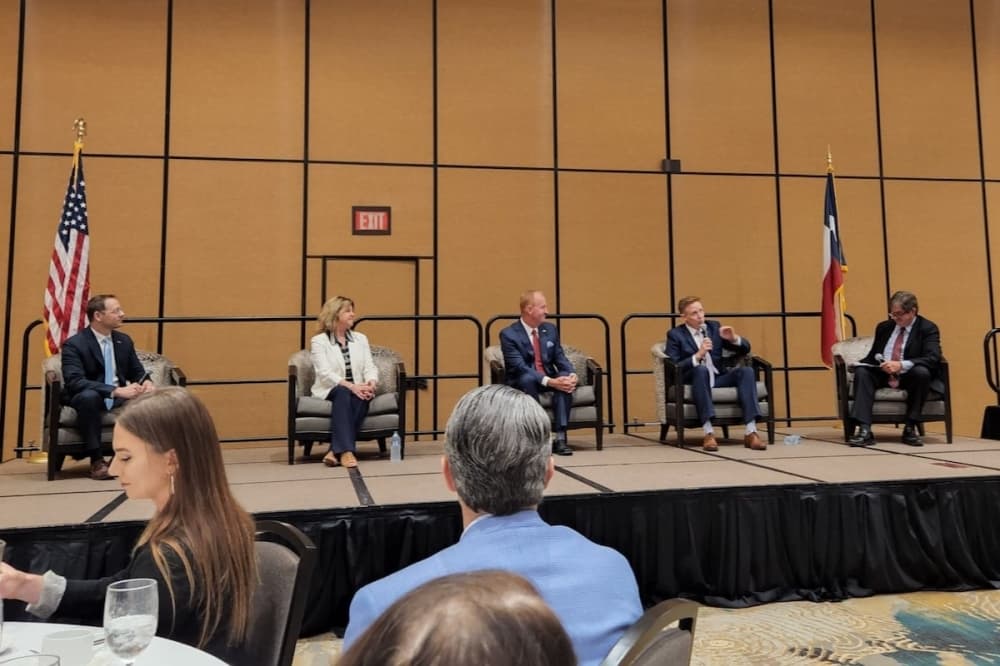 From left, Frisco Economic Development Corp. President Jason Ford, Visit Frisco Executive Director Marla Roe, Mayor Jeff Cheney, incoming City Manager Wes Pierson and Tony Felker, Frisco Chamber of Commerce president and CEO, discuss the future of Frisco. (Miranda Jaimes/Community Impact Newspaper)