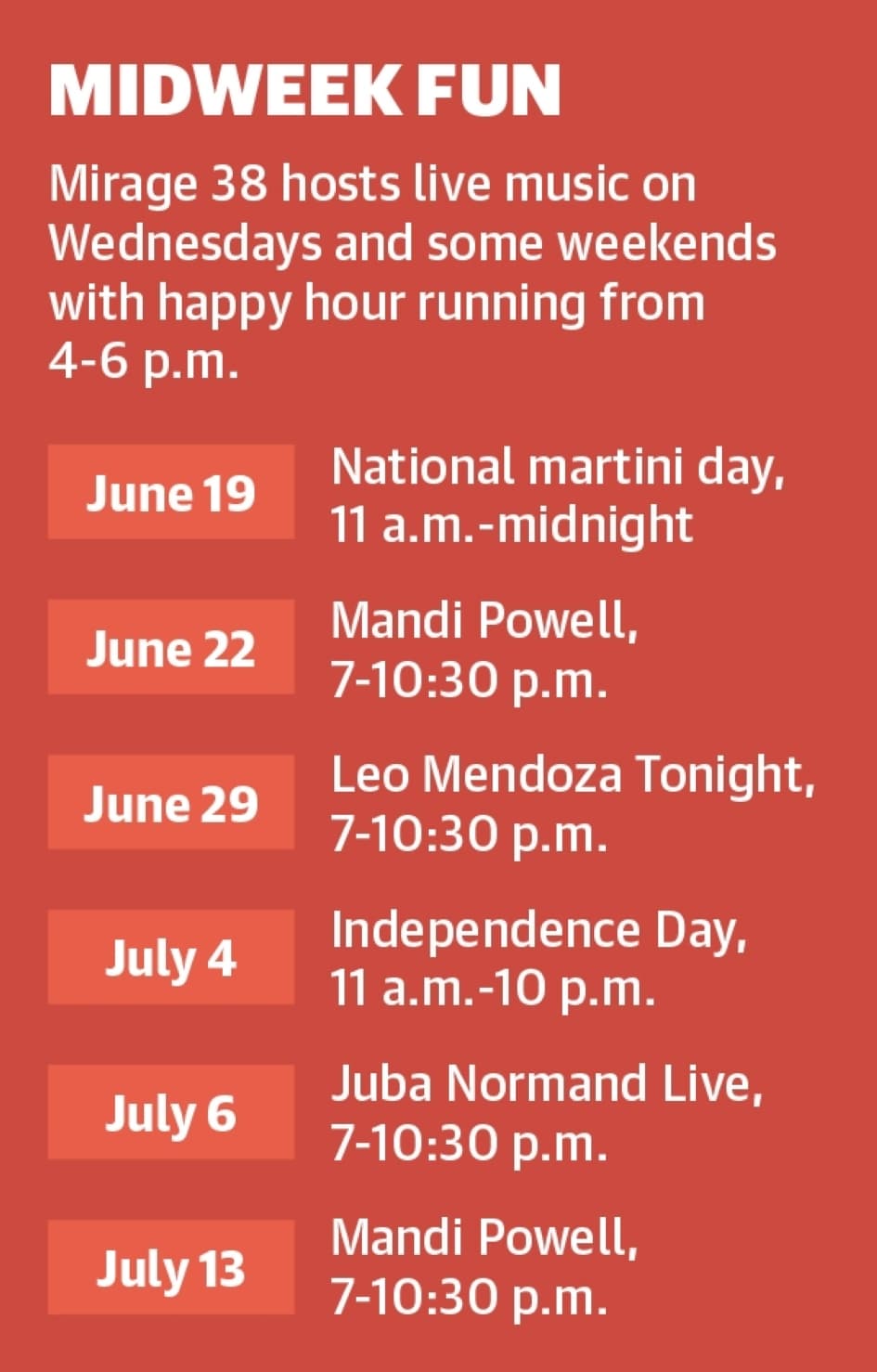 Mirage 38 hosts live music on Wednesdays and some weekends with happy hour running from 4-6 p.m. (Ronald Winters/Community Impact Newspaper) 