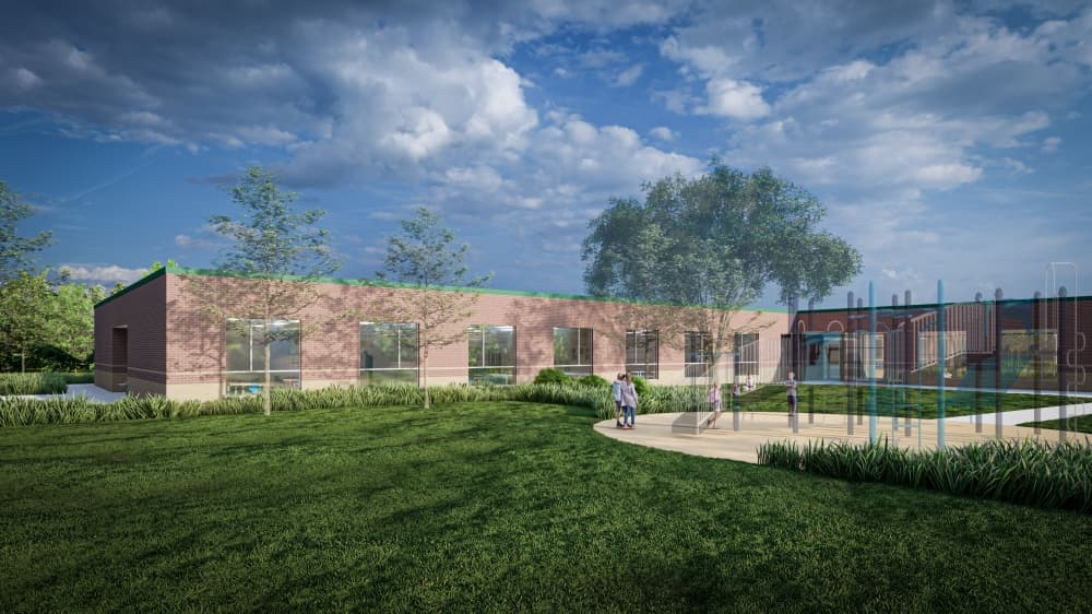 The outside of a building with additional trees and a playground superimposed. 