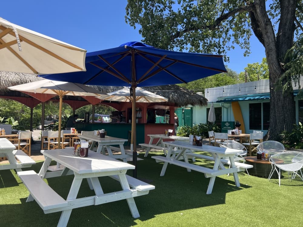 shaded outdoor picnic tables