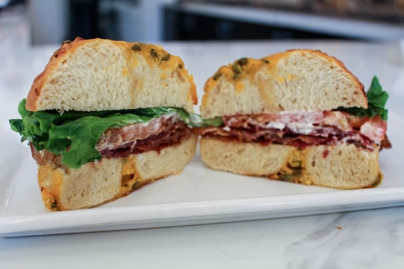 The Dean-O ($9.50) is a bagel sandwich consisting of bacon, lettuce, tomato, and the customer’s choice of cream cheese or mayo.