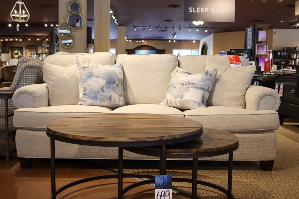 This Sherrill Malibu Taupe Sofa ($2,299) is in a traditional style. (Grant Johnson/Community Impact Newspaper)
