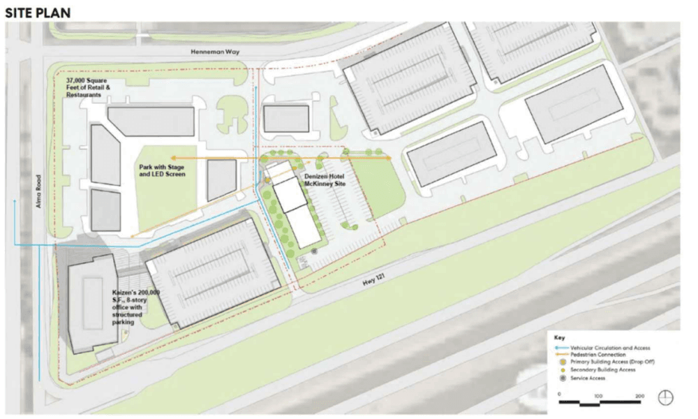 This site plan shows the proposed hotel would be on the other side of the District 121 parking garage and have a view of the park. (Courtesy city of McKinney)