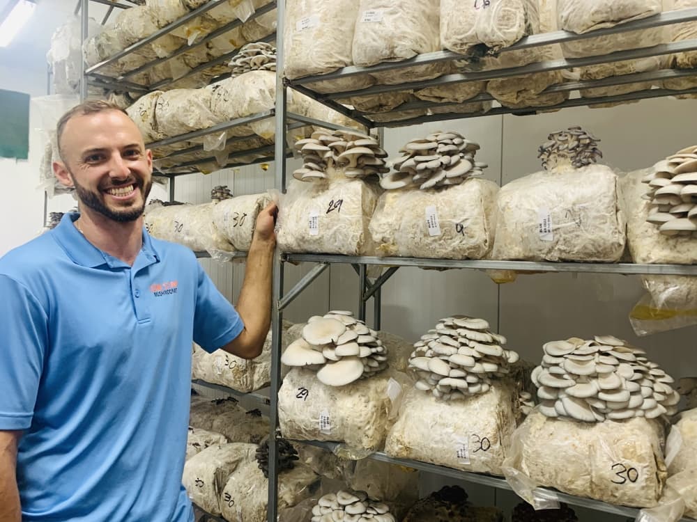 Co-owner Michael Frederick started Lone Star Mushrooms with his brothers in summer 2019. (Kayli Thompson/Community Impact Newspaper)