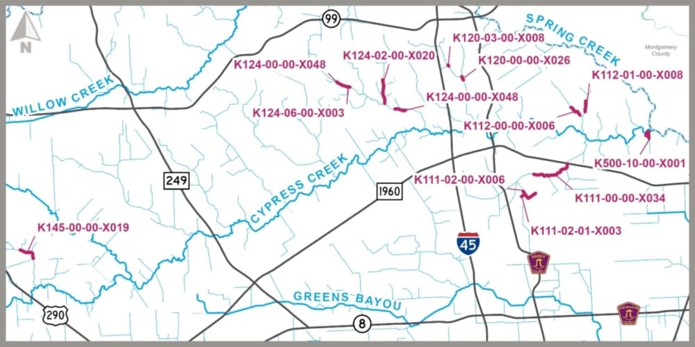 According to the advisory, the Batch 3 scope of work for 12 sites on 11 channel sections includes some or all of the following: removal of silt, placement of buried riprap (rocks designed to protect from erosion), erosion repair, outfall pipe removal and replacement, manhole replacements, excavation and off-site disposal, debris removal, encroachment removal and site restoration. The project also includes outfall repairs at on existing stormwater detention basin. (Courtesy Harris County Flood Control District)