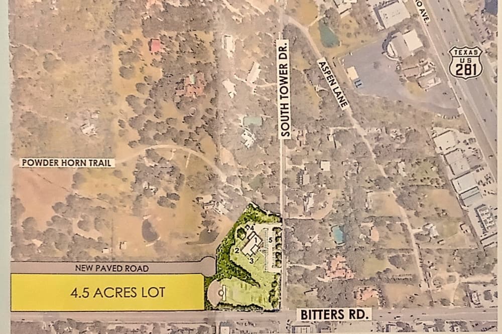 One of Hill Country Village’s possible new City Hall options envisions construction of a new municipal complex on a city-owned tract at the corner of Bitters Road and South Tower Drive, complete with a community gathering space. The undeveloped property is zoned for residential use. (Courtesy City of Hill Country Village)