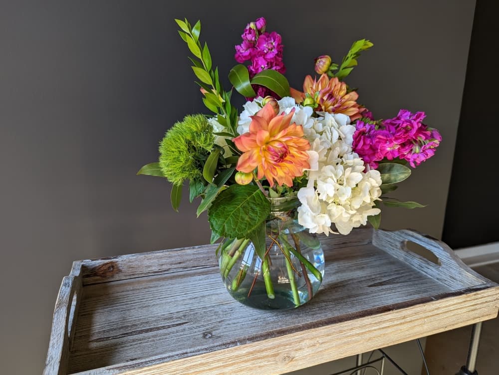 
A higher-end arrangement features hydrangeas, dahlias and stock.