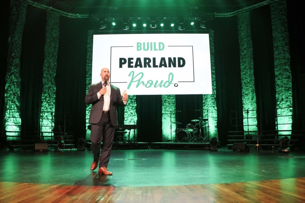 Pearland ISD Superintendent Larry Berger presented the district's motto, “Build Pearland Proud,” during the district’s convocation at the beginning of the new school year. (Courtesy Pearland ISD)