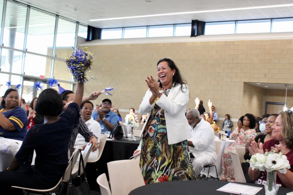 Spring ISD campus principals, including Cooper Elementary Principal Mayra Garcia, were honored for their campuses' 2021-22 Texas Education Agency accountability ratings in an Aug. 15 district celebration. (Emily Lincke/Community Impact Newspaper)