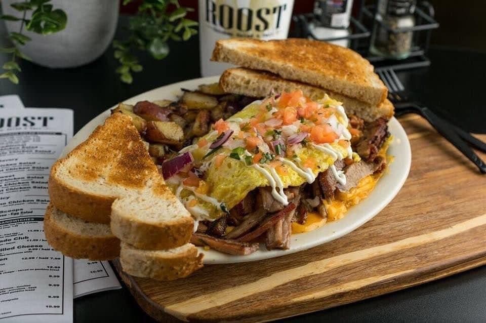Brisket Omelet served at Roost Chicken Salad & Deli comes with brisket, cheddar cheese, green onion and pico de gallo. $11.99 (Roost Chicken Salad & Deli/ Community Impact Newspaper)