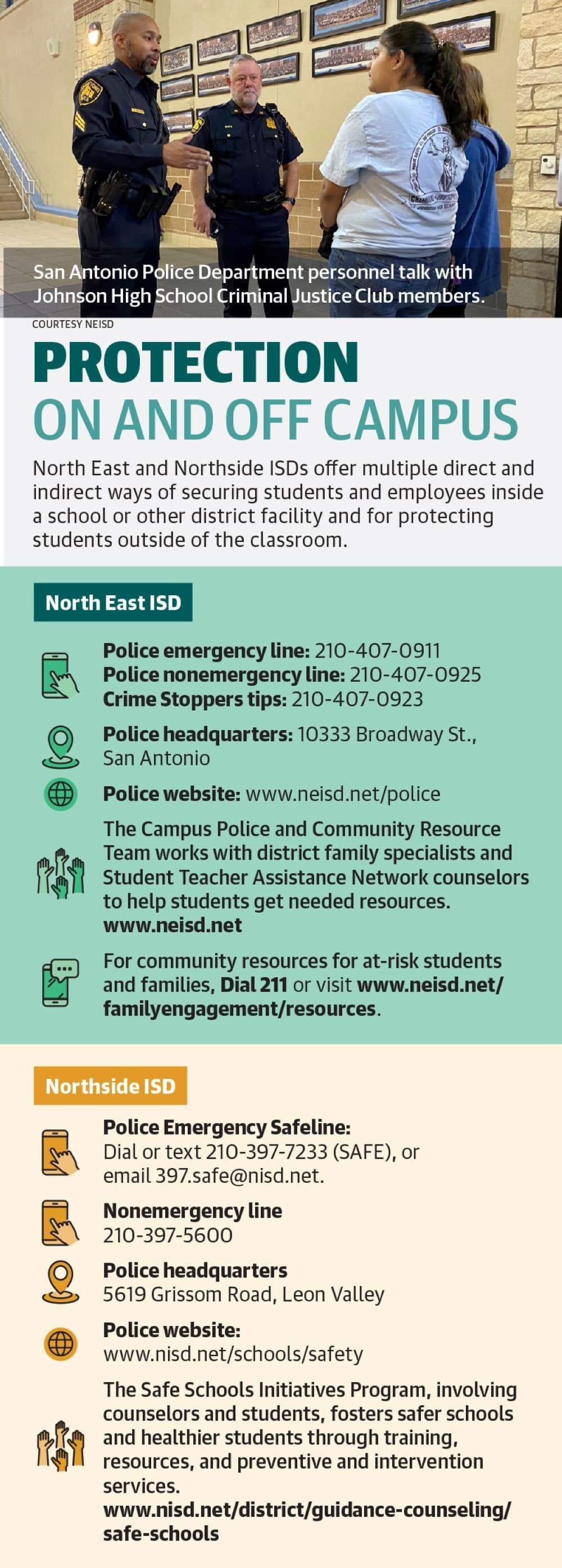 North East and Northside ISDs offer police hotlines, mental health care and counseling programs and other methods to help provide an air of safety on and off campus. (Community Impact Newspaper staff)