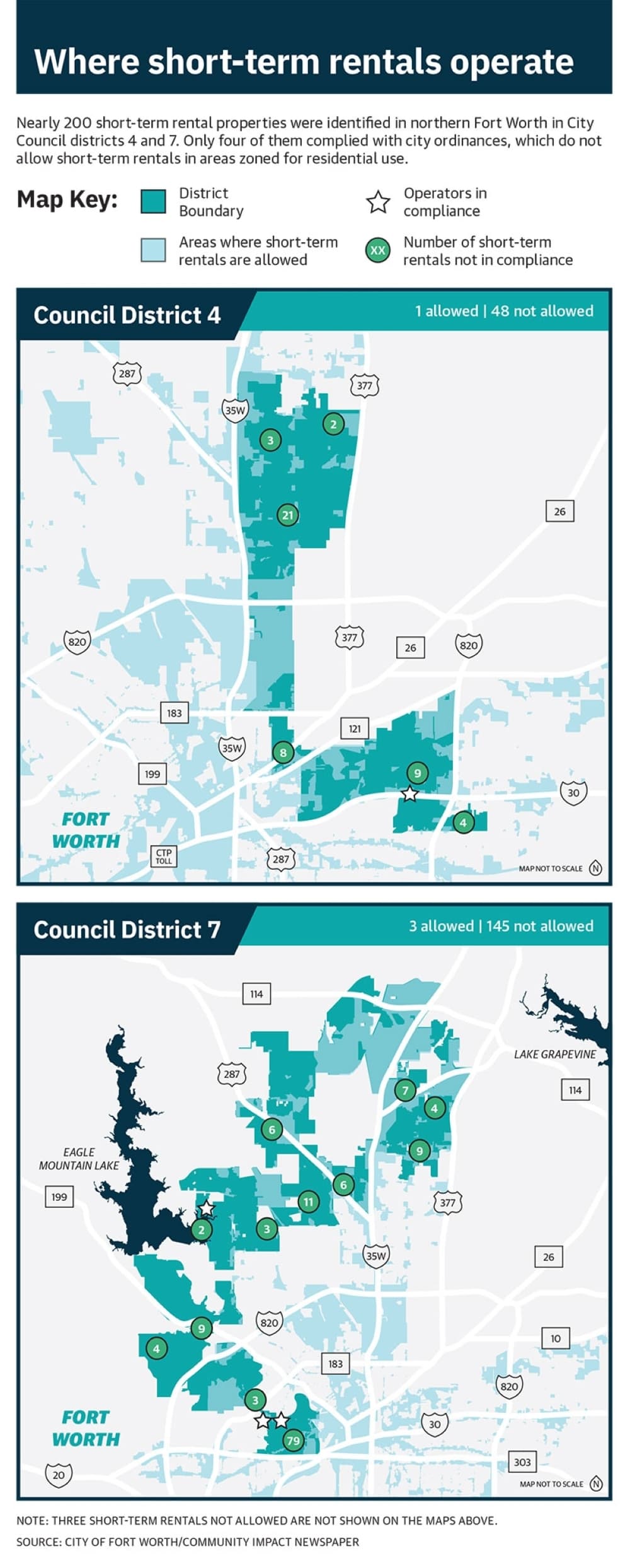 map showing short-term rentals operating in Fort Worth City Council districts 4 and 7