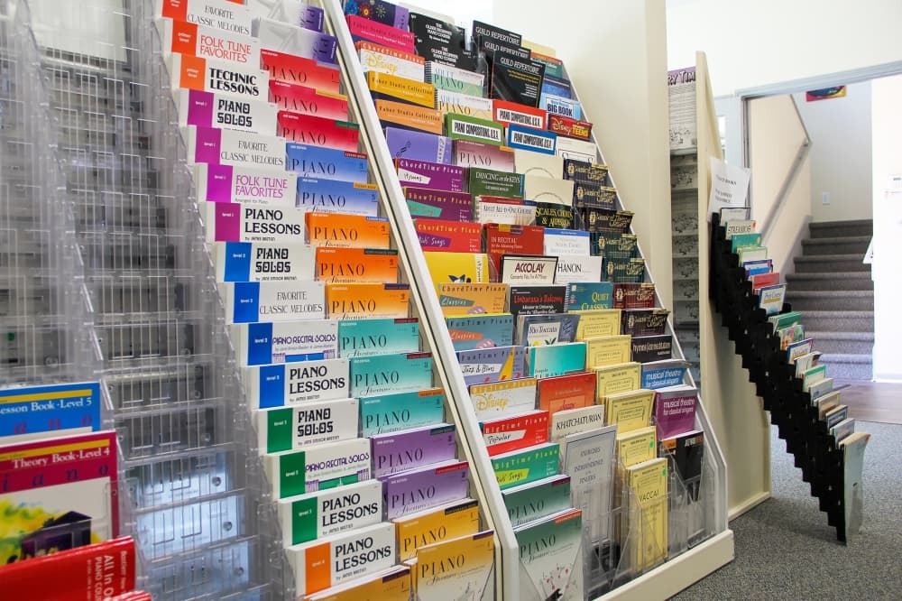 Kingwood Music School has a number of teaching tools and music books available for purchase. (Wesley Gardner/Community Impact Newspaper)