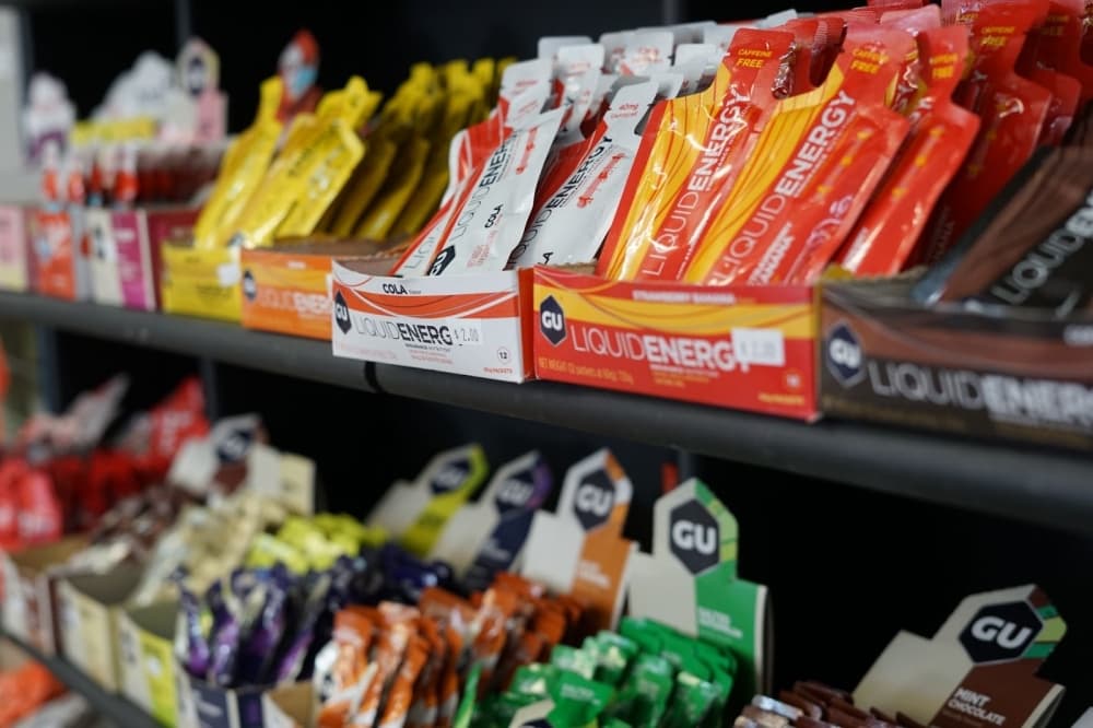 Along with shoes, a variety of accessories and energy and nutrition products are sold at Ready to Run.  (Katy McAfee/Community Impact Newspaper)
