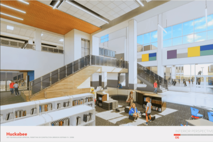The library will have an open concept and be conjoined with the cafeteria through a removable wall. (Rendering courtesy Huckabee Architects/Cy-Fair ISD)