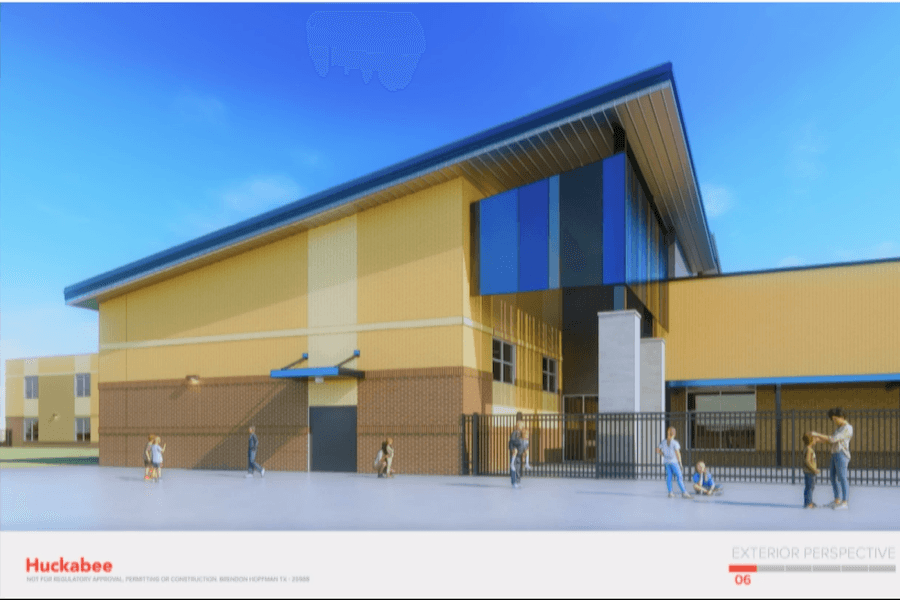 The rear of the school is reflective of the front, providing students arriving via buses with a similar view. (Rendering courtesy Huckabee Architects/Cy-Fair ISD)