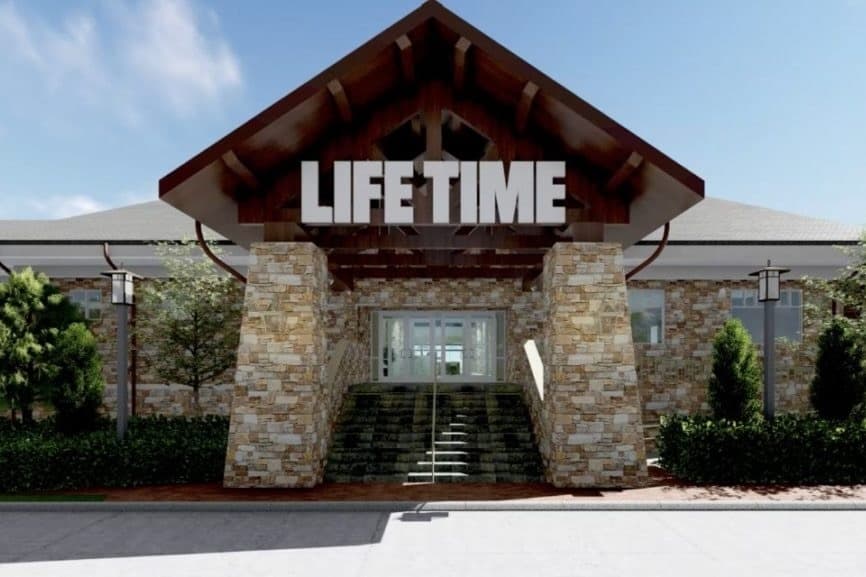 Rendering of the front exterior of the building with a large 'Life Time' sign