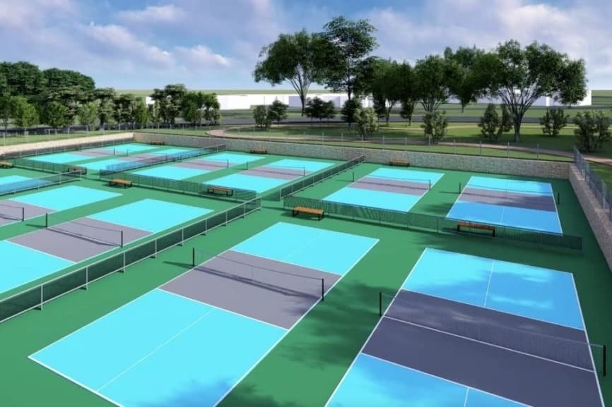 A  rendering with slightly elevated perspective of the 12 new pickleball courts.