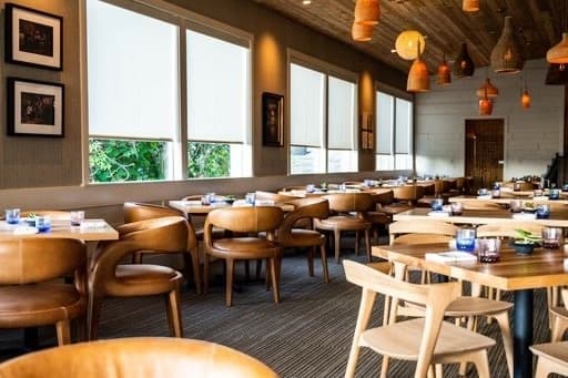 Tables and chairs with big windows at the back