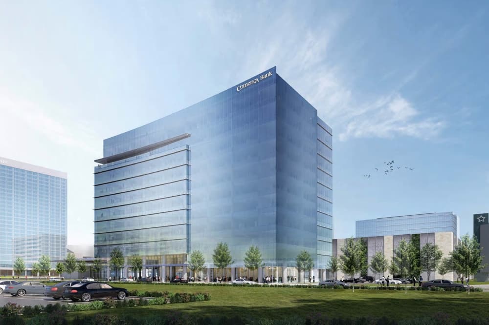 This rendering shows the office tower Comerica is planned to move into between late 2023 and early 2024. (Rendering courtesy HKS)