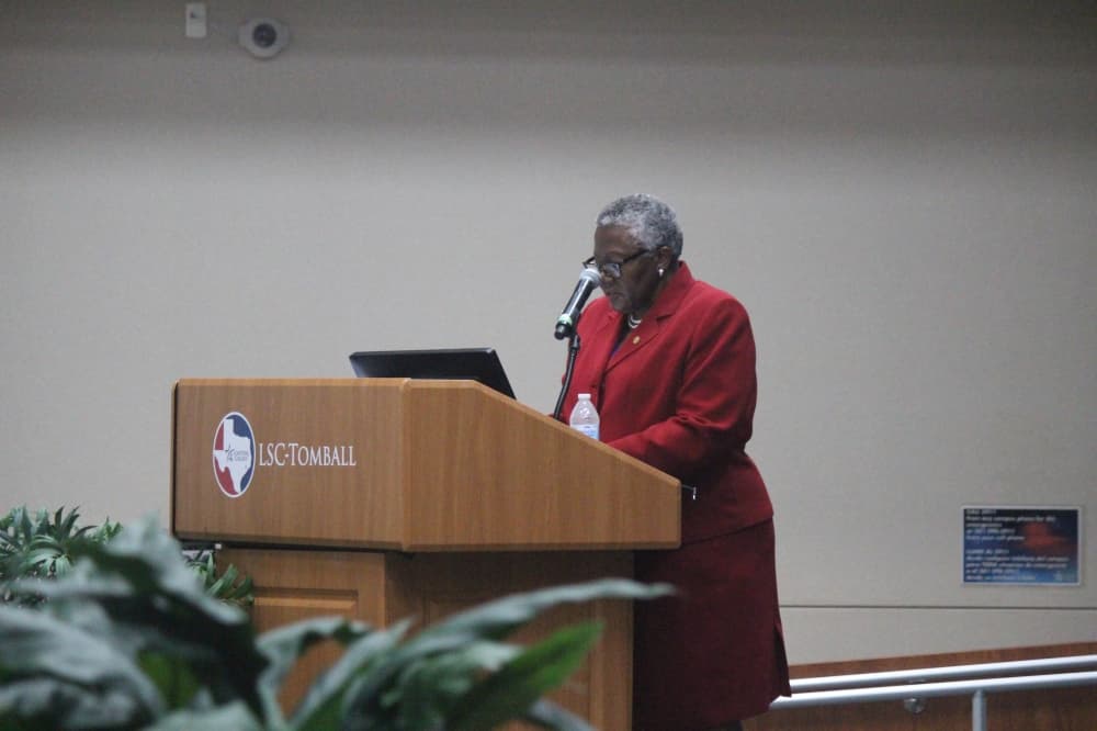 Bertha Johnson, section chief of the U.S. Citizenship and Immigration Services Houston Field Office, addresses the crowd during the Sept. 17 ceremony. (Anna Lotz/Community Impact Newspaper)