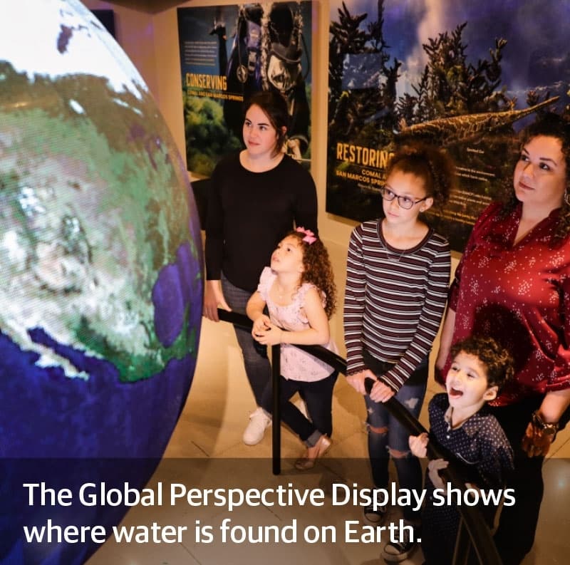 Global Perspective Display: This 5-foot-tall, 360-degree spherical display illustrates how water and the Edwards Aquifer is part of a larger global system by showing connections to climate shifts and weather patterns. (Courtesy Edwards Aquifer Authority's Education Outreach Center)