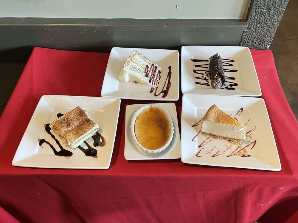 Dessert bar at Tony and Luigi's. From left; Tiramisu, Crem Brule, Cheesecake, Cannoli and Tuscan Cream Cake. (Taylor Cripe/Community Impact Newspaper)