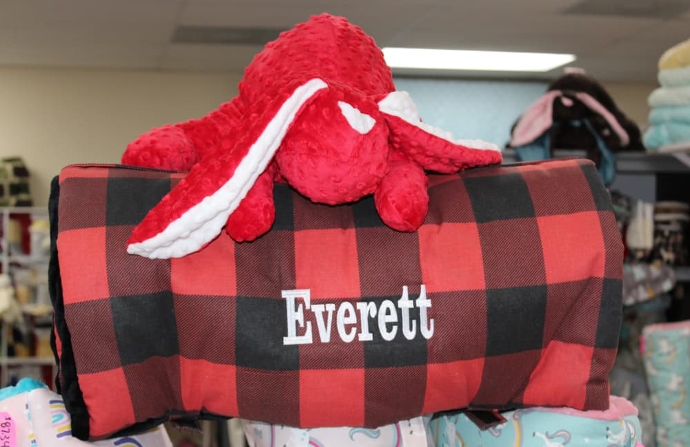 Made by Sue sells a variety of items, including stuffed bunnies ($35.95) and nap mats ($87). (Karen Chaney/Community Impact Newspaper)