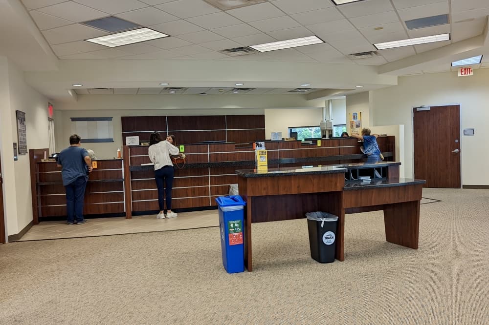 Counters with customers in a building