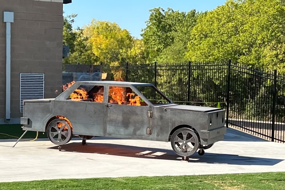 Training car on fire. 