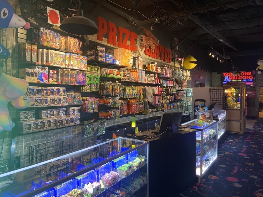 
The prize counter at Pinballz Kingdom has traditional game room prizes.