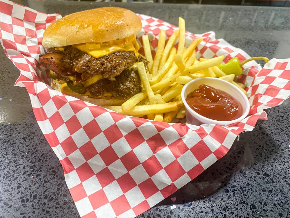 burger, fries and ketchup
