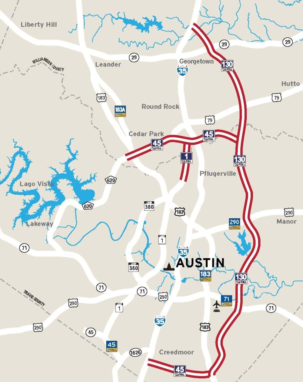 A map of tolled highways on the Central Texas Turnpike