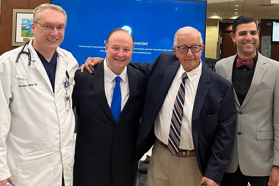 The Sept. 8 anniversary event at Baptist Children’s Hospital at North Central includes, from left: Dr. Roman Sitek, pediatric and adolescent medicine physician; Dr. Thomas Gowan, pediatrics department chair; Dr. Hugo Carvajal, retired pediatric nephrologist; and Dr. Oziel Ortiz, pediatric and adolescent medicine physician. Carvajal helped to found the North Central Baptist Hospital’s pediatrics department. (Courtesy Baptist Health System)