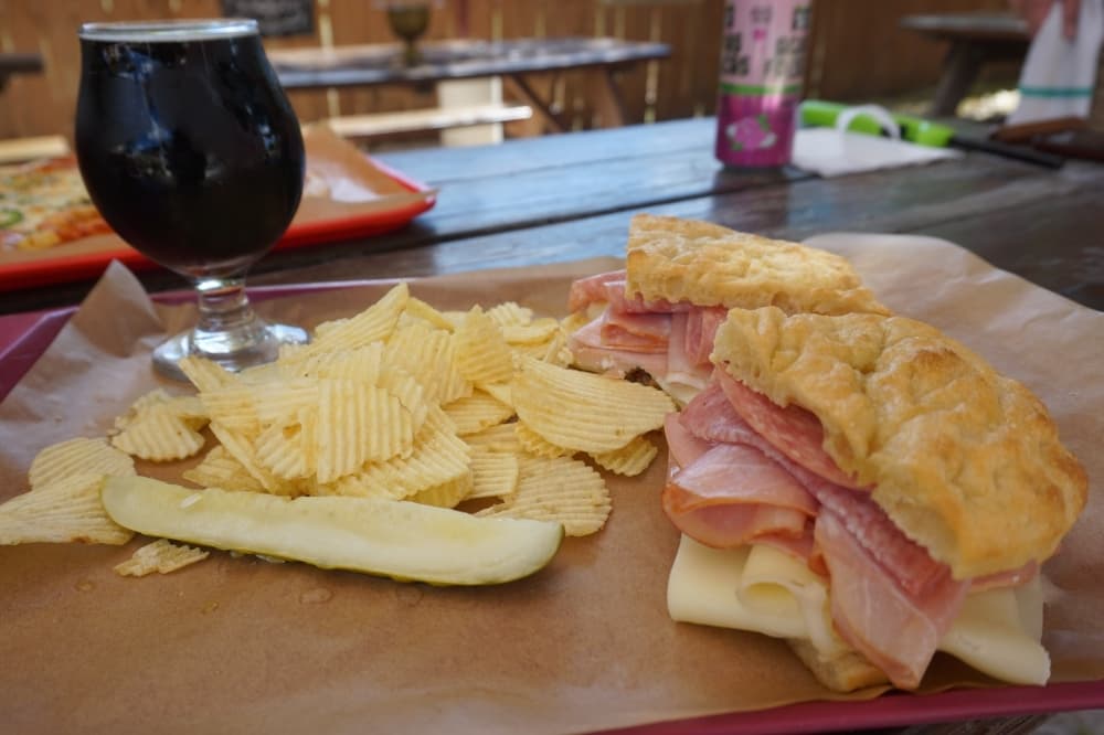 
The Muffuletta Sandwich ($8) comes with ham, mortadella, salami, provolone and mozzarella with a house-made olive salad on freshly baked focaccia bread. The sandwich pairs well with the brewery’s Brown Ale. $4/5oz.