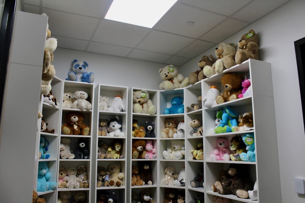 Room full of teddy bears on a shelf.