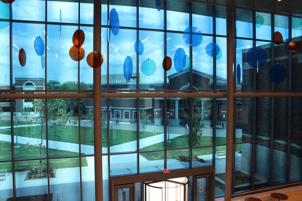 All the outside-facing windows at the welcome center are specially designed to automatically self-tint. (Miranda Jaimes/Community Impact)