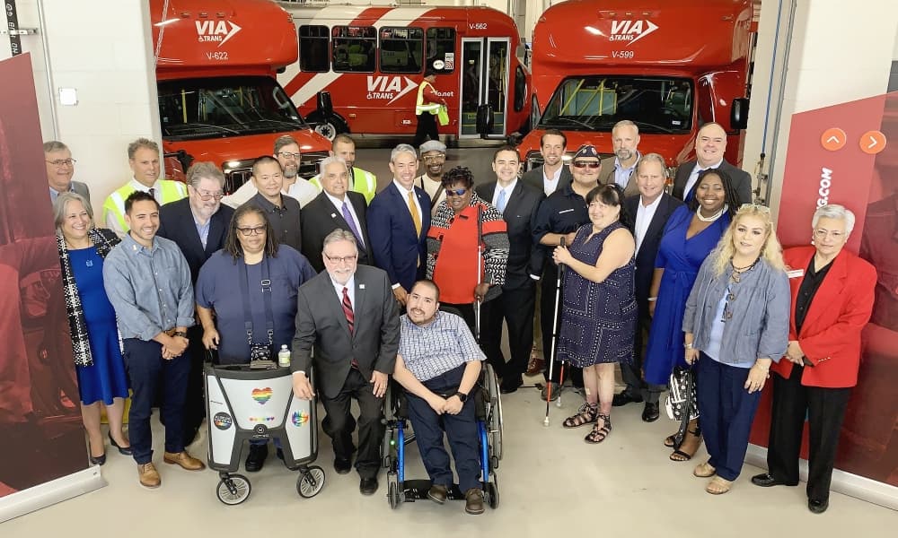 Local dignitaries, including San Antonio Mayor Ron Nirenberg, joined VIA Metropolitan staff to dedicate its new VIAtrans Operations Center on Oct. 6. (Courtesy VIA Metropolitan District)