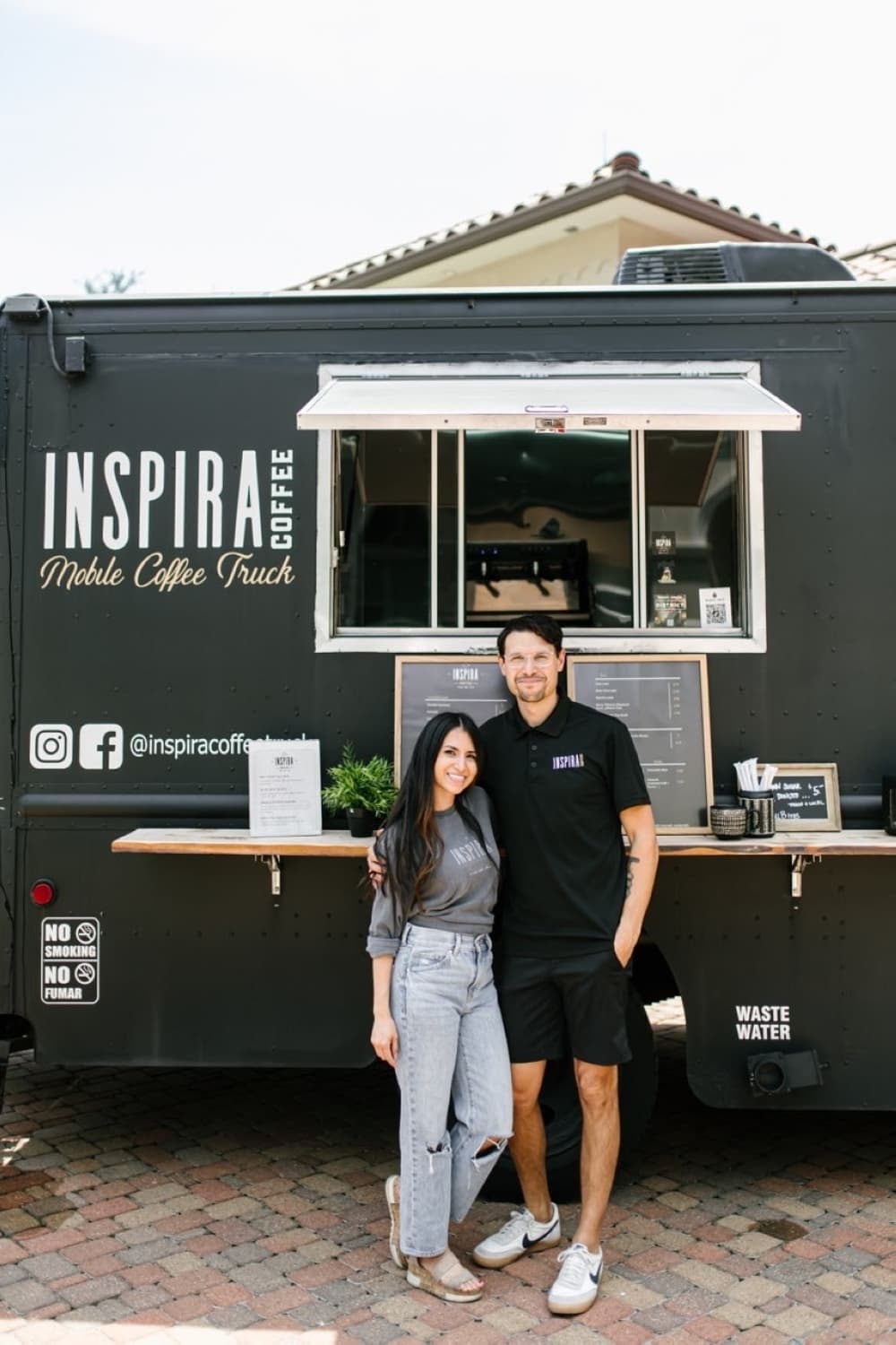 Justin and Corinna Valdez in front of their repurposed FedEx delivery truck-turned mobile craft coffee shop. (Courtesy Inspira Coffee)