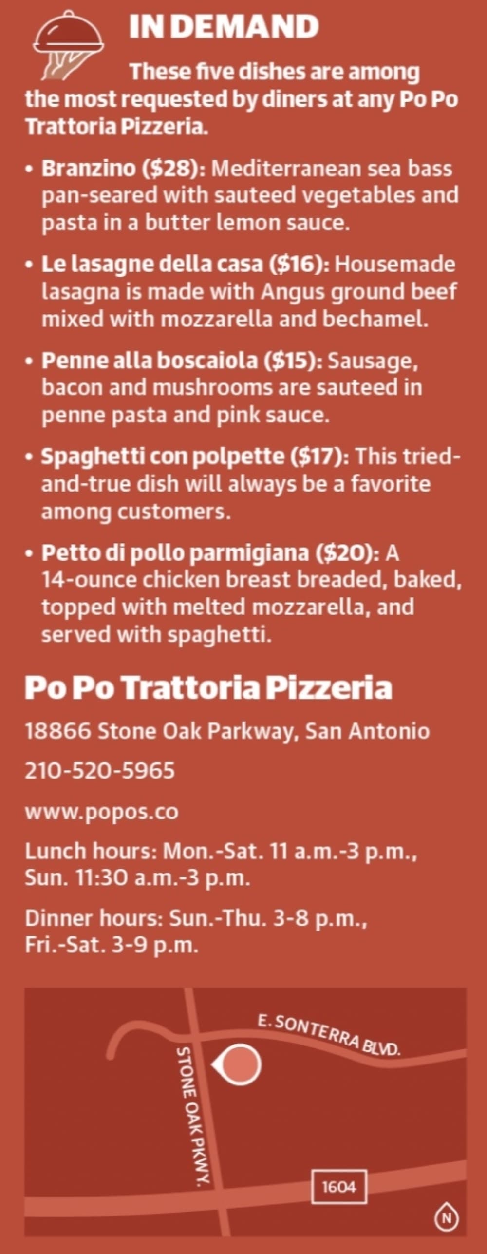 Primarily tried-and-true Italian dishes are among the most popular menu items at Po Po Trattoria Pizzeria. (Courtesy Po Po Trattoria Pizzeria)