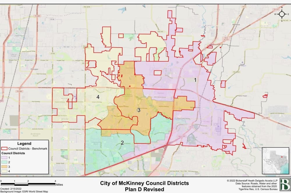 This map shows Plan D-Revised, which would see various changes to the boundaries of District 3 but would retain Historic Downtown McKinney. (Courtesy City of McKinney)