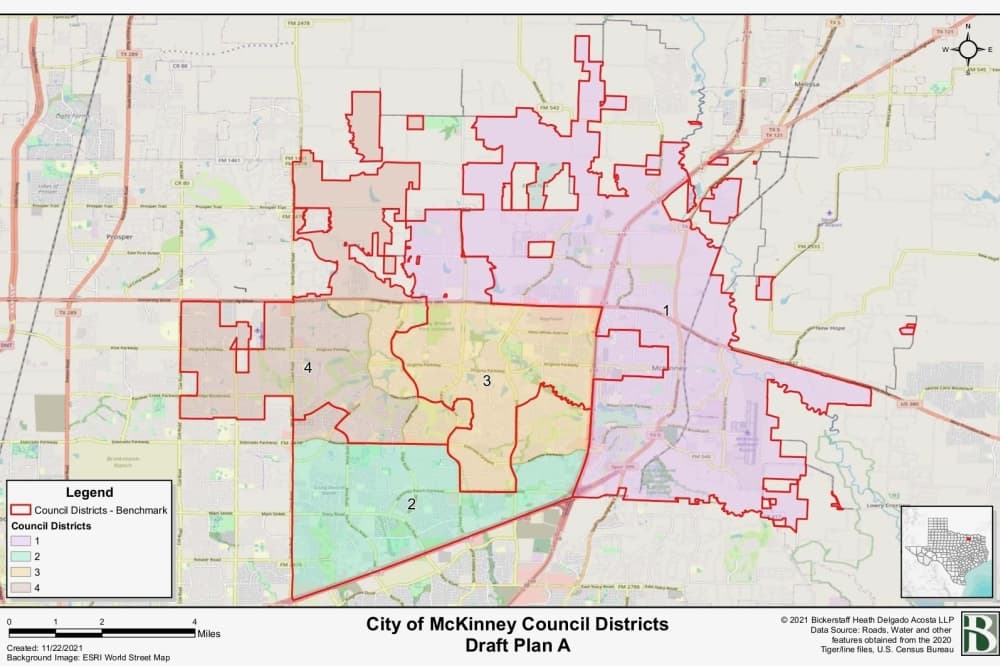 This map shows Plan A, which would incorporate Historic Downtown McKinney into District 1. (Courtesy City of McKinney)