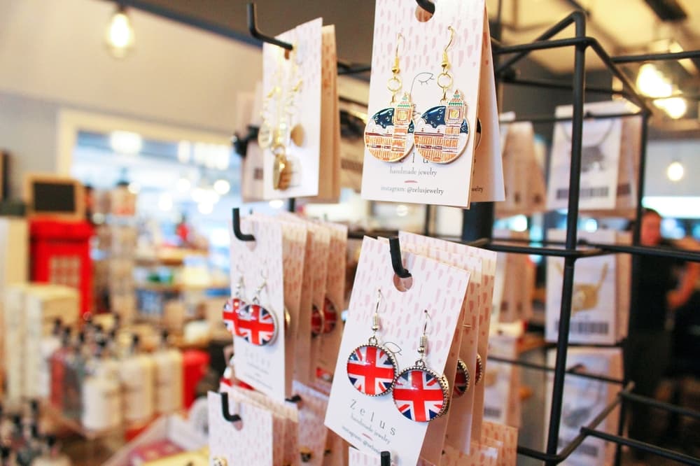 British-themed jewelry is one of the many trinkets available for purchase at Goodwoods British Market. (Emily Lincke/Community Impact)