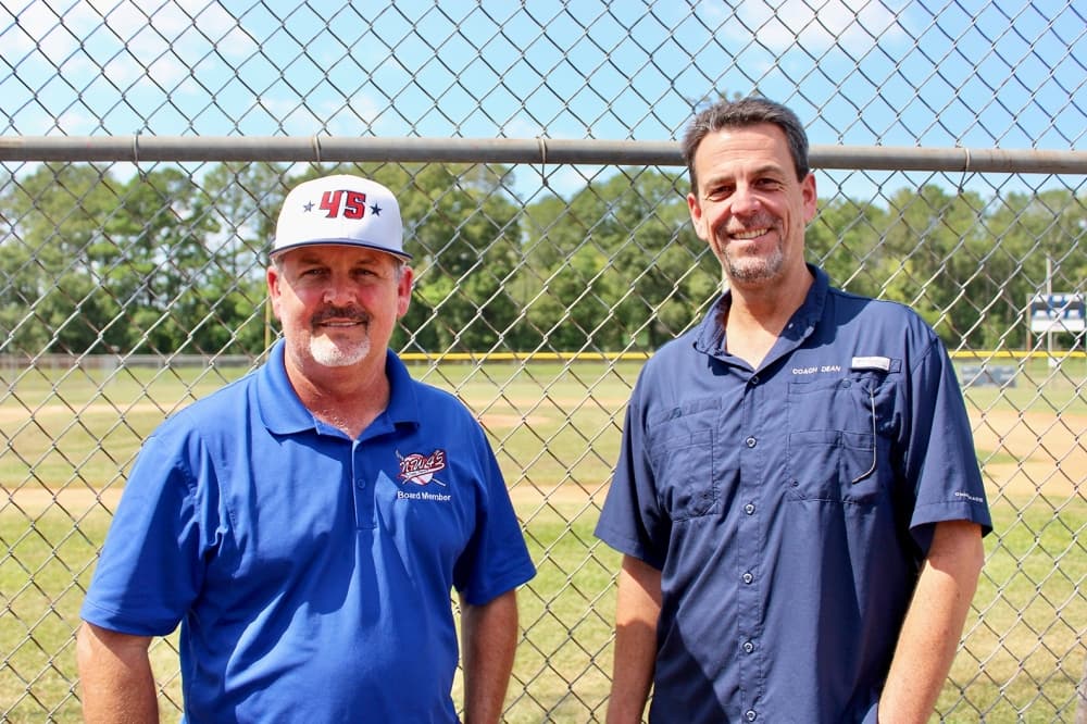 Jeremy O’Guin (left) and Dean Wheeler serve as vice president and president of Northwest 45 Little League, respectively. (Emily Lincke/Community Impact)
