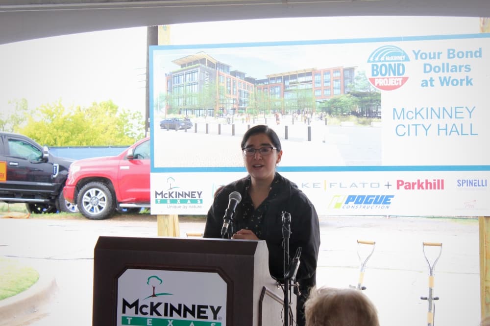Adrianna Swindle, a representative of architectural firm Lake Flato, gave remarks at the event. (Shelbie Hamilton/Community Impact)