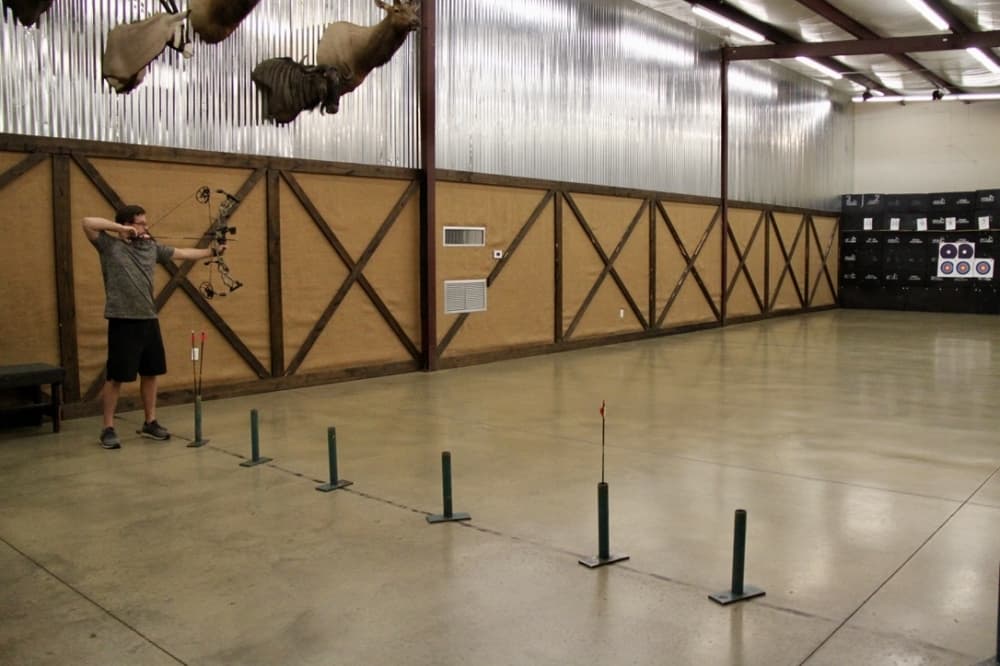 An indoor archery range with foam targets is part of the property at Archery Country. (Sumaiya Malik/Community Impact Newspaper)