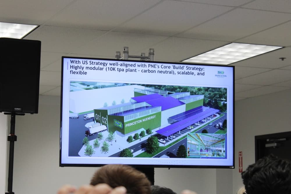 Princeton NuEnergy featured a rendering of what the company’s future battery recycling facilities could look like. (Shelbie Hamilton/Community Impact)