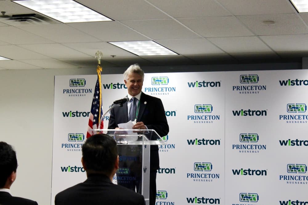 Brian Loughmiller, board chair of the McKinney Economic Development Corp., spoke about the history of Wistron GreenTech in the McKinney community in his remarks at the event. (Shelbie Hamilton/Community Impact)