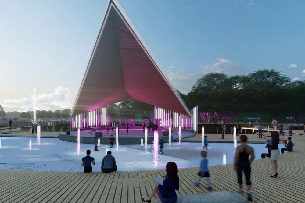 The proposed renovation plans include an outdoor amphitheater with a splash pad water feature. (Rendering courtesy city of McKinney)